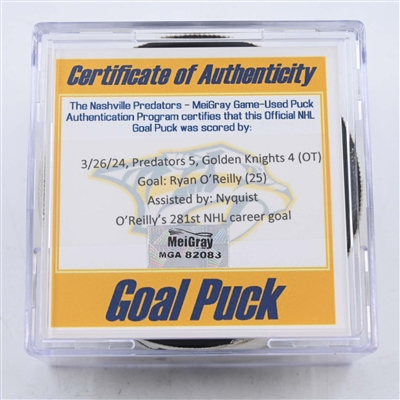 Ryan O'Reilly - Nashville Predators - Goal Puck - March 26, 2024 vs. Vegas Golden Knights (Predators' 25th Anniversary Logo)