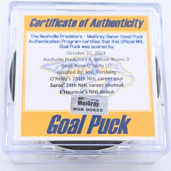 Ryan OReilly - Nashville Predators - Goal Puck - October 22, 2024 vs. Boston Bruins (Predators Logo)