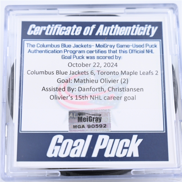 Mathieu Olivier - Columbus Blue Jackets - Goal Puck - October 22, 2024 vs. Toronto Maple Leafs (Blue Jackets Logo)