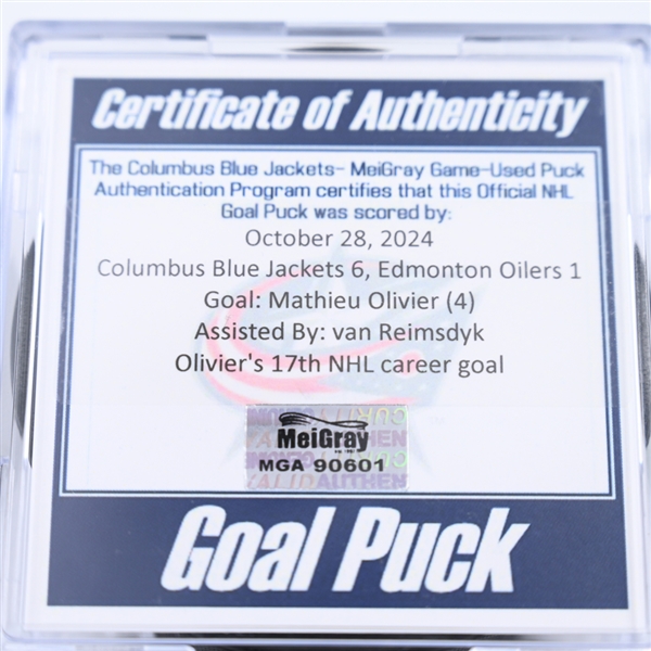 Mathieu Olivier - Columbus Blue Jackets - Goal Puck - October 28, 2024 vs. Edmonton Oilers (Blue Jackets Logo)