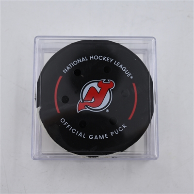 Jean-Gabriel Pageau - New York Islanders - Goal Puck - April 15, 2024 vs. New Jersey Devils (Devils Logo)