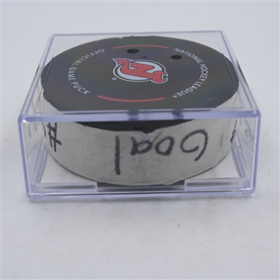 Jean-Gabriel Pageau - New York Islanders - Goal Puck - April 15, 2024 vs. New Jersey Devils (Devils Logo)