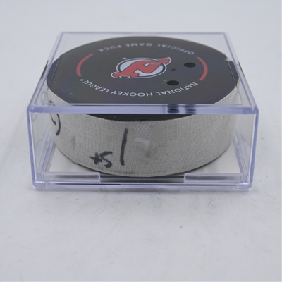 Jean-Gabriel Pageau - New York Islanders - Goal Puck - April 15, 2024 vs. New Jersey Devils (Devils Logo)