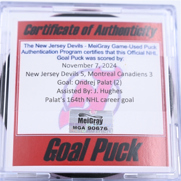 Ondrej Palat - New Jersey Devils - Goal Puck - November 7, 2024 vs. Montreal Canadiens (Devils Logo)