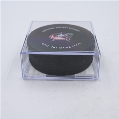 Kyle Palmieri - New York Islanders - Goal Puck - April 4, 2024 vs. Columbus Blue Jackets (Blue Jackets Logo)