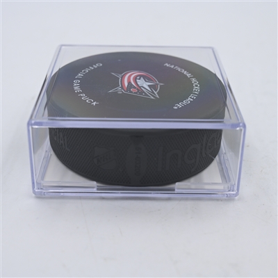 Kyle Palmieri - New York Islanders - Goal Puck - April 4, 2024 vs. Columbus Blue Jackets (Blue Jackets Logo)