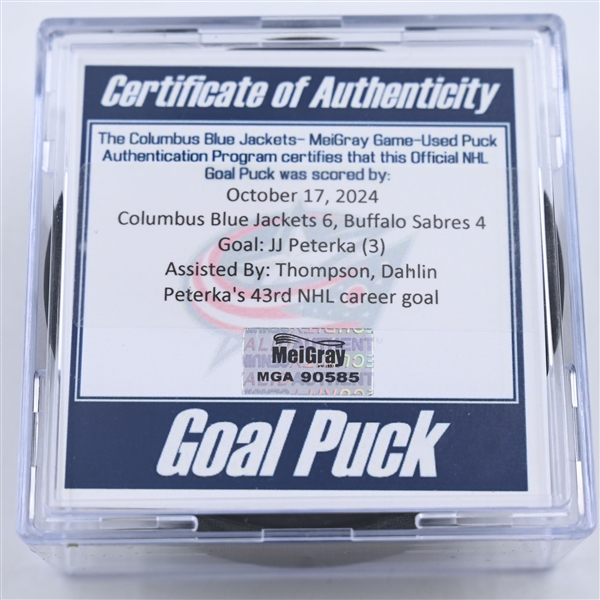 JJ Peterka - Buffalo Sabres - Goal Puck - October 17, 2024 vs. Columbus Blue Jackets (Blue Jackets Logo)