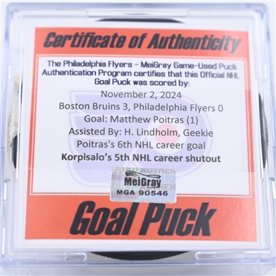 Matthew Poitras - Boston Bruins - Goal Puck - November 2, 2024 vs. Philadelphia Flyers (Flyers Logo)