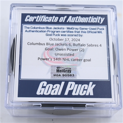 Owen Power - Buffalo Sabres - Goal Puck - October 17, 2024 vs. Columbus Blue Jackets (Blue Jackets Logo)