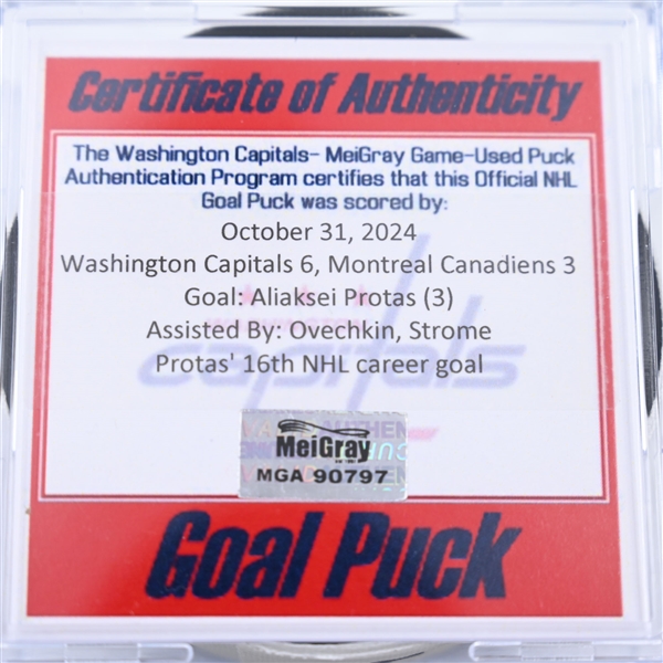 Aliaksei Protas - Washington Capitals - Goal Puck - October 31, 2024 vs. Montreal Canadiens (Capitals 50th Anniversary Logo)