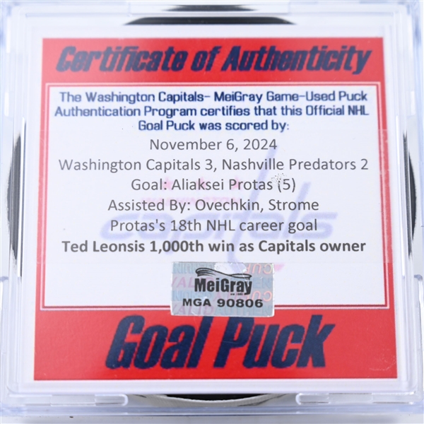 Aliaksei Protas - Washington Capitals - Goal Puck - November 6, 2024 vs. Nashville Predators (Capitals 50th Anniversary Logo)