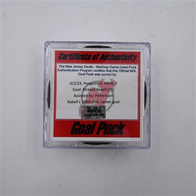 Rickard Rakell - Pittsburgh Penguins - Goal Puck - April 2, 2024 vs. New Jersey Devils (Devils Logo)