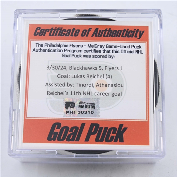 Lukas Reichel - Chicago Blackhawks - Goal Puck - March 30, 2024 vs. Philadelphia Flyers (Flyers Logo)