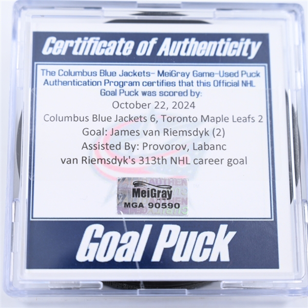 James van Riemsdyk - Columbus Blue Jackets - Goal Puck - October 22, 2024 vs. Toronto Maple Leafs (Blue Jackets Logo)