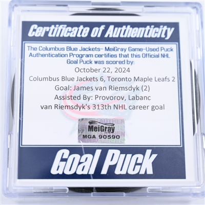 James van Riemsdyk - Columbus Blue Jackets - Goal Puck - October 22, 2024 vs. Toronto Maple Leafs (Blue Jackets Logo)