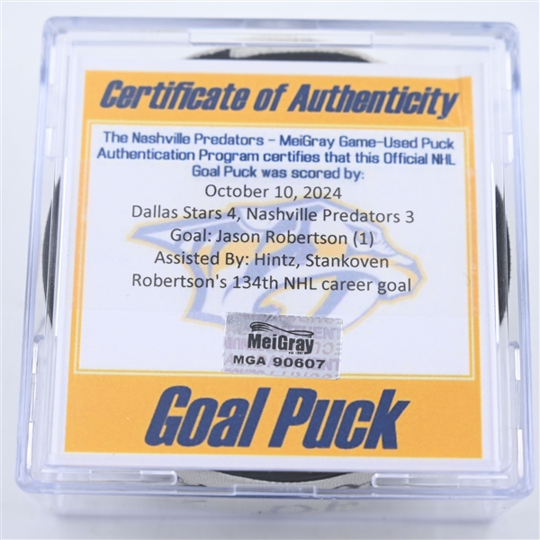 Jason Robertson - Dallas Stars - Goal Puck - October 10, 2024 vs. Nashville Predators (Predators Logo)