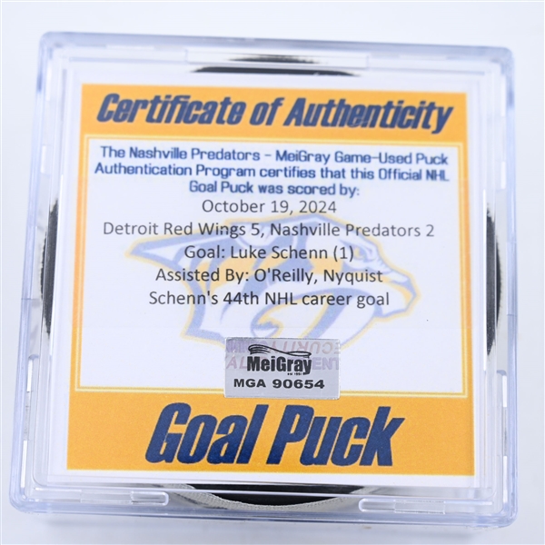 Luke Schenn - Nashville Predators - Goal Puck - October 19, 2024 vs. Detroit Red Wings (Predators Logo)