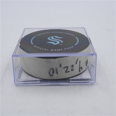 Justin Schultz - Seattle Kraken - Goal Puck - April 9, 2024 vs. Arizona Coyotes (Kraken Logo)