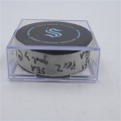 Justin Schultz - Seattle Kraken - Goal Puck - April 9, 2024 vs. Arizona Coyotes (Kraken Logo)