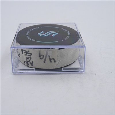 Justin Schultz - Seattle Kraken - Goal Puck - April 9, 2024 vs. Arizona Coyotes (Kraken Logo)