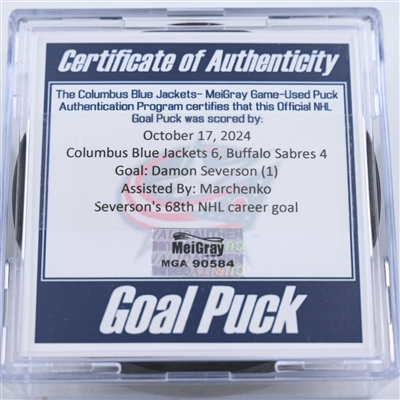 Damon Severson - Columbus Blue Jackets - Goal Puck - October 17, 2024 vs. Buffalo Sabres (Blue Jackets Logo)