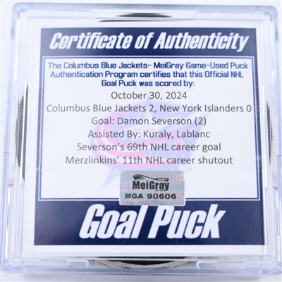 Damon Severson - Columbus Blue Jackets - Goal Puck - October 30, 2024 vs. New York Islanders (Blue Jackets Logo)