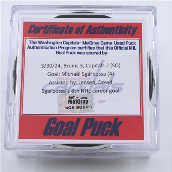 Michael Sgarbossa - Washington Capitals - Goal Puck - March 30, 2024 vs. Boston Bruins (Capitals Logo)