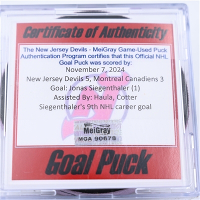 Jonas Siegenthaler - New Jersey Devils - Goal Puck - November 7, 2024 vs. Montreal Canadiens (Devils Logo)