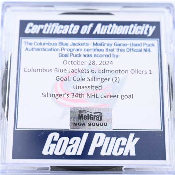 Cole Sillinger - Columbus Blue Jackets - Goal Puck - October 28, 2024 vs. Edmonton Oilers (Blue Jackets Logo)