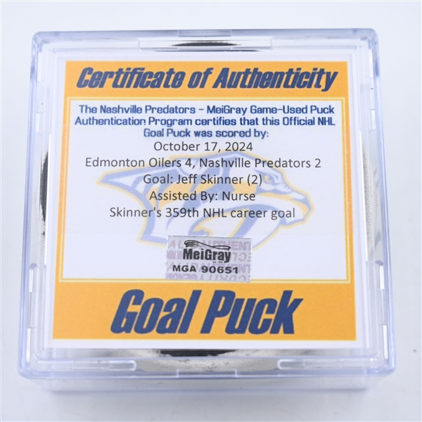 Jeff Skinner - Edmonton Oilers - Goal Puck - October 17, 2024 vs. Nashville Predators (Predators Logo)