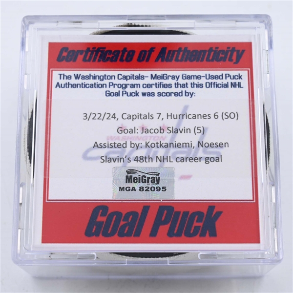 Jaccob Slavin - Carolina Hurricanes - Goal Puck - March 22, 2024 vs. Washington Capitals (Capitals Logo)