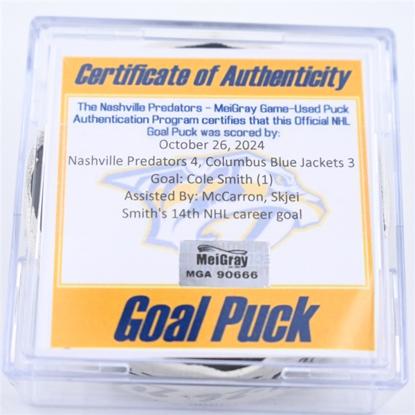 Cole Smith - Nashville Predators - Goal Puck - October 26, 2024 vs. Columbus Blue Jackets (Predators Logo)