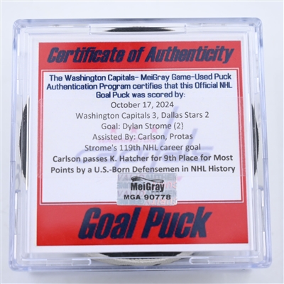 Dylan Strome - Washington Capitals - Goal Puck - October 17, 2024 vs. Dallas Stars (Capitals' 50th Anniversary Logo)