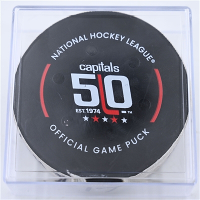 Dylan Strome - Washington Capitals - Goal Puck - October 17, 2024 vs. Dallas Stars (Capitals' 50th Anniversary Logo)