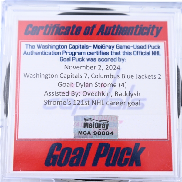 Dylan Strome - Washington Capitals - Goal Puck - November 2, 2024 vs. Columbus Blue Jackets (Capitals 50th Anniversary Logo)