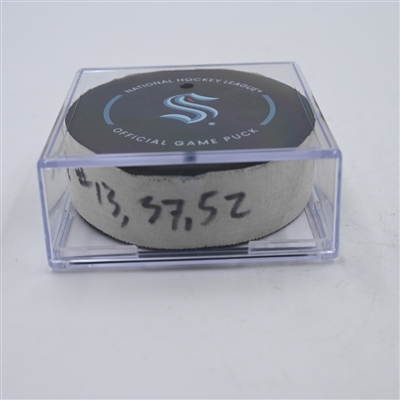 Brandon Tanev - Seattle Kraken - Goal Puck - April 9, 2024 vs. Arizona Coyotes (Kraken Logo)