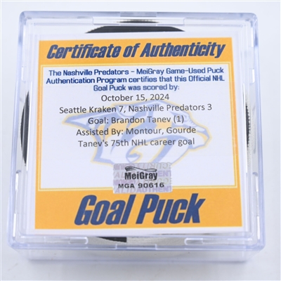 Brandon Tanev - Seattle Kraken - Goal Puck - October 15, 2024 vs. Nashville Predators (Predators Logo)