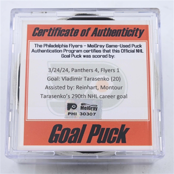 Vladimir Tarasenko - Florida Panthers - Goal Puck - March 24, 2024 vs. Philadelphia Flyers (Flyers Logo)