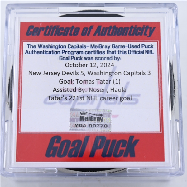 Tomas Tatar - New Jersey Devils - Goal Puck - October 12, 2024 vs. Washington Capitals (Capitals 50th Anniversary Logo)