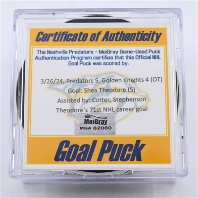 Shea Theodore - Vegas Golden Knights - Goal Puck - March 26, 2024 vs. Nashville Predators (Predators 25th Anniversary Logo)