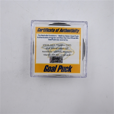 Gabriel Vilardi - Winnipeg Jets - Goal Puck - April 9, 2024 vs. Nashville Predators (Predators 25th Anniversary Logo)