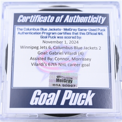 Gabriel Vilardi - Winnipeg Jets - Goal Puck - November  1, 2024 vs. Columbus Blue Jackets (Blue Jackets Logo)