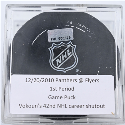 Tomas Vokoun - 42nd NHL Career Shutout - Philadelphia Flyers - Game Puck - December 20, 2010 vs. Florida Panthers 1st Period