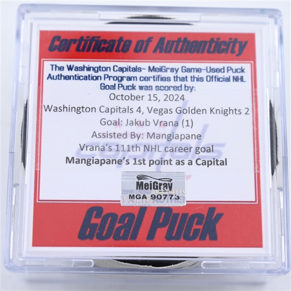 Jakub Vrana - Washington Capitals - Goal Puck - October 15, 2024 vs. Vegas Golden Knights (Capitals 50th Anniversary Logo)