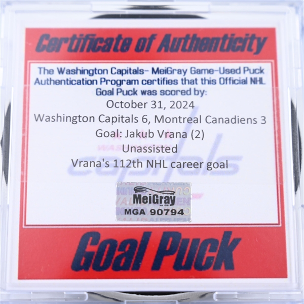 Jakub Vrana - Washington Capitals - Goal Puck - October 31, 2024 vs. Montreal Canadiens (Capitals 50th Anniversary Logo)