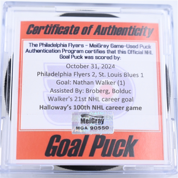 Nathan Walker - St. Louis Blues - Goal Puck - October 31, 2024 vs. Philadelphia Flyers (Flyers Logo)