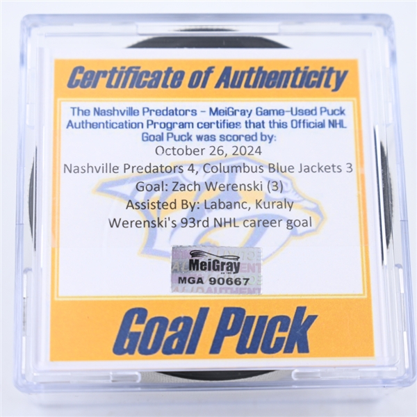 Zach Werenski - Columbus Blue Jackets - Goal Puck - October 26, 2024 vs. Nashville Predators (Predators Logo)