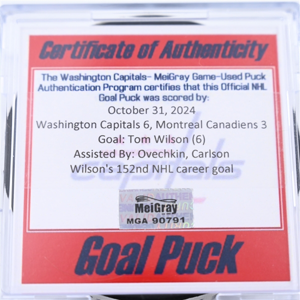 Tom Wilson - Washington Capitals - Goal Puck - October 31, 2024 vs. Montreal Canadiens (Capitals 50th Anniversary Logo)