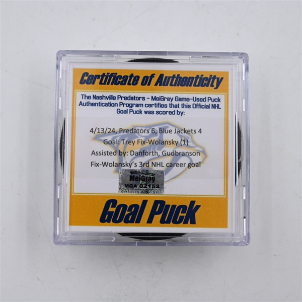 Trey Fix-Wolansky - Columbus Blue Jackets - Goal Puck - April 13, 2024 vs. Nashville Predators (Predators 25th Anniversary Logo)