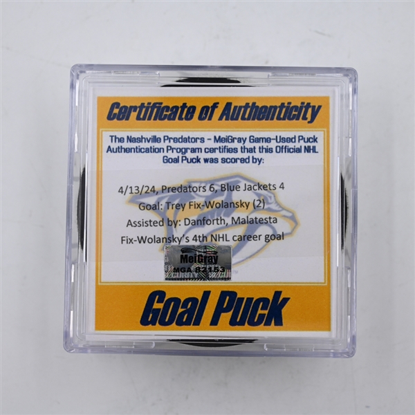 Trey Fix-Wolansky - Columbus Blue Jackets - Goal Puck - April 13, 2024 vs. Nashville Predators (Predators 25th Anniversary Logo)